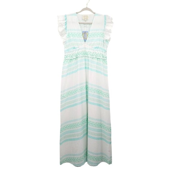 Sail To Sable Green Stripe Flutter Sleeve Maxi Dress Size Large 100% Cotton - Picture 3 of 15